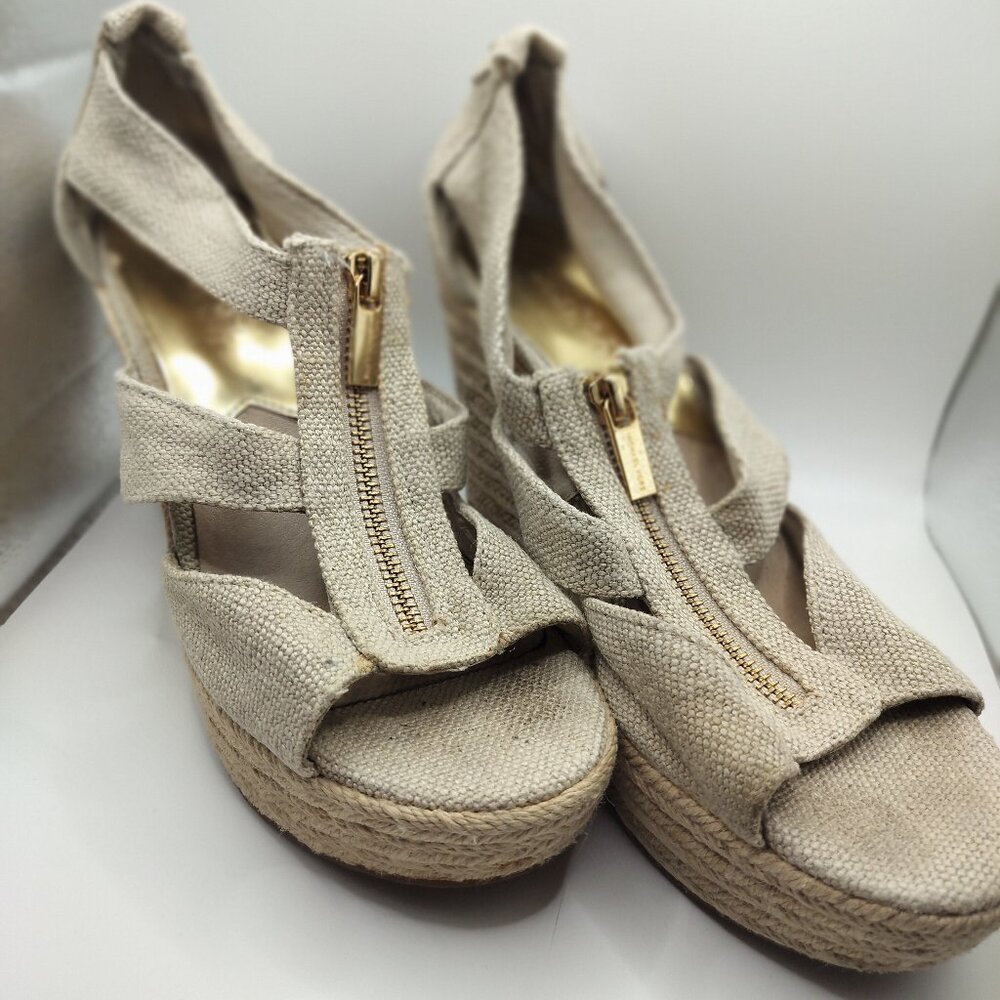 MICHAEL Michael Kors Beige Canvas Espadrille Wedge Zip Sandals Size 7‎